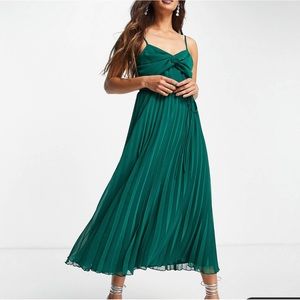 ASOS DESIGN twist front pleated cami midi dress with belt in forest green